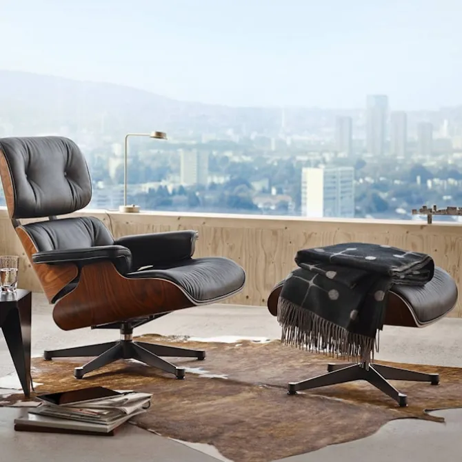 Eames Lounge Chair & Ottoman Santos Palisander svart/polert base